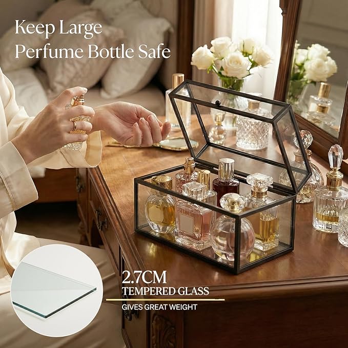 40 Lipsticks Organizer with Lid, Glass Display Box Fits Large Perfume & Skincare, Easy-Access Organiser for Vanity Countertop, Multifunctional Display Box in Any Rooms