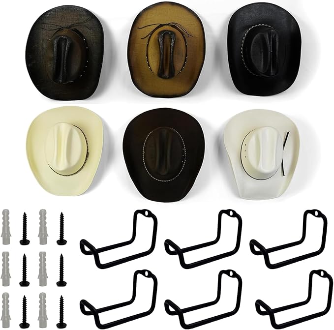 6 Pack Cowboy Hat Holder - Hat Organizer - 2.76 Inches Lift-Time Care Cowboy Rack for Wall, Heavy Duty Metal Hat Hanger Stand & Holder with Easy-to-Install Hat Hook