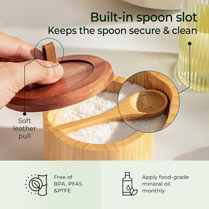 keechee Bamboo Salt Cellar with Acacia Lid & Spoon, 7.7oz Capacity with Built-In Spoon Slot & Labels, Two-Tone Countertop Seasoning Container (Single Compartment - 2 Pack)