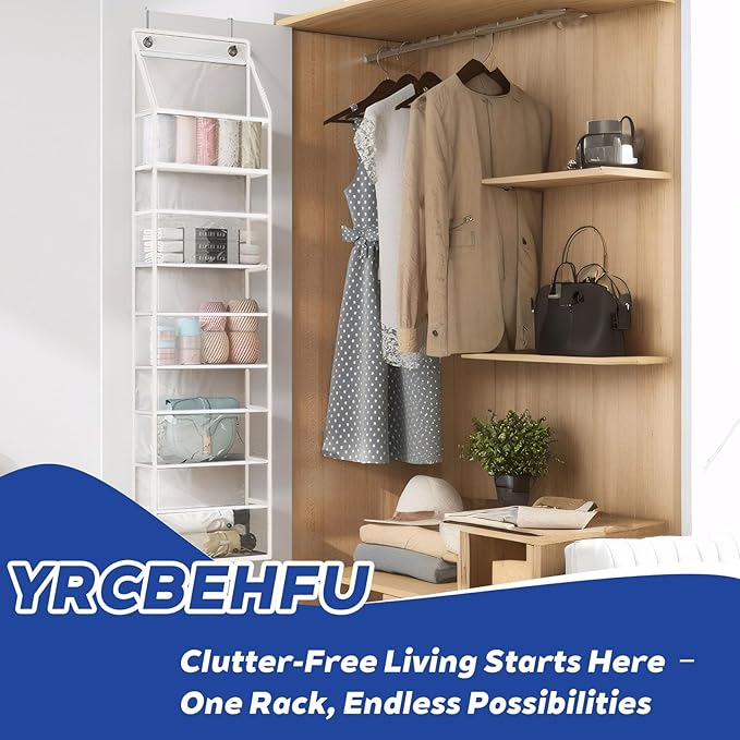 2 Packs Over The Door Organizer - 6-Shelf Hanging Storage Organizer with Clear Plastic Pockets - Large Capacity Pantry Storage Shelf for Bathroom, Bedroom, Nursery (White)