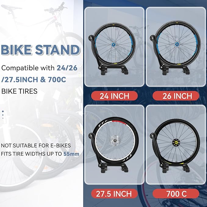 Foldable Bike Stand for Garage, Portable Bicycle Storage Rack, Adjustable Floor Stand for Road & Mountain Bikes, Holds up to 2.4" Tire Width, Space-Saving Design