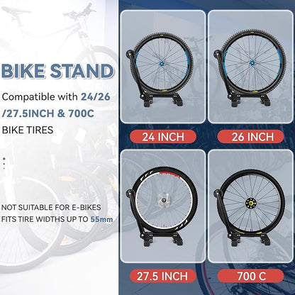 Foldable Bike Stand for Garage, Portable Bicycle Storage Rack, Adjustable Floor Stand for Road & Mountain Bikes, Holds up to 2.4" Tire Width, Space-Saving Design