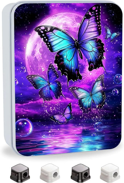 Metal Tin Box with Lid for Game Cards Home Organizer Candles Keys Crafts Storage - Equipped with 4 Magnetic Cord Clips，Purple Moon Blue Butterfly