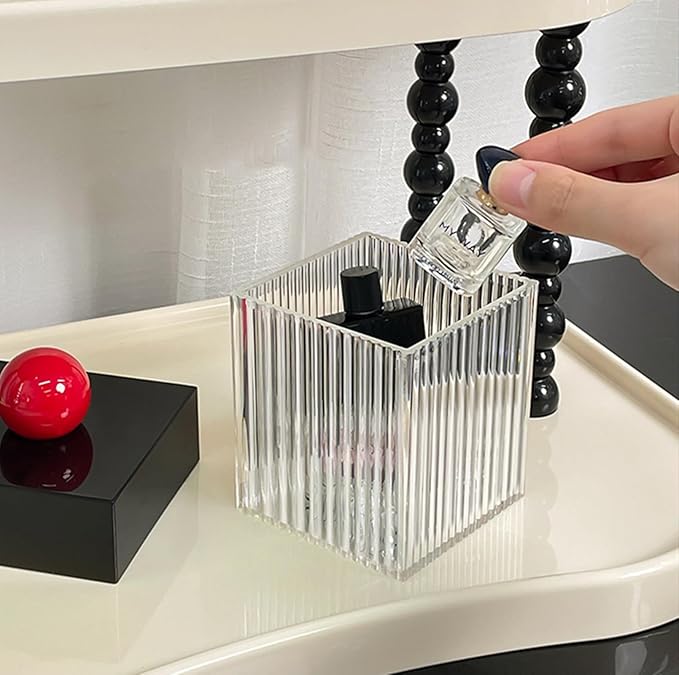Square Acrylic Holder,Bathroom Vanity Countertop Storage Organizer,Storage Organizer Canister Jar for Cotton Swabs,Q-Tips, Make Up Pads, Cosmetics and More( Black)