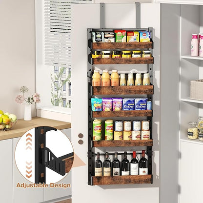 6-Tier Over The Door Pantry Organizer, Heavy-Duty Metal Wall Mount or Hanging Spice Rack, behind the door storage Shelves with Adjustable Basket, Back of Door Organizer for Kitchen Cabinet and Closet