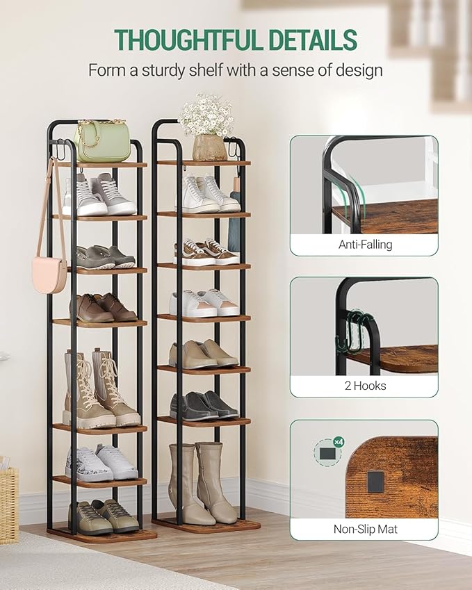 Hzuaneri 8 Tiers Vertical Shoe Rack, Narrow Shoe Tower, Tall Shoes Shelf with 2 Hooks, Adjustable Shelves, Corner Shoes Shelves for Small Spaces, Entryway, Living Room, Rustic Brown SR04301B