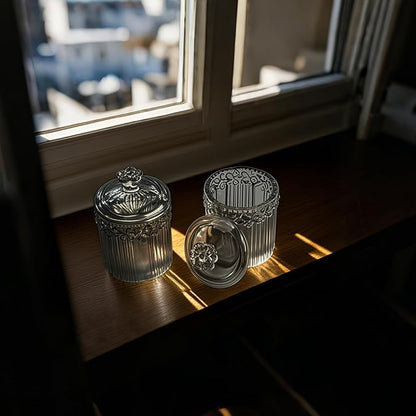 Qtip Holder Glass Apothecary Jars with Lids Set, 2 Pack Crystal Q-tip Canister Jar Bathroom Vanity Organizer for Cotton Ball, Cotton Swab, Floss, Candy - Grey