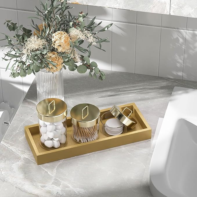 ZHWS Gold Bathroom Vanity Tray for Soap Dispenser, Perfume, Jewelry, Candle, Makeup, Decor, Toilet Tank Tray, Kitchen Tray for Spice, Salt, Coffee 11.3”L x 4.4”W x 1.14”H