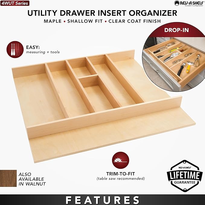 Rev-A-Shelf Trim-to-Fit Shallow Drawer Organizer For Kitchen Utensils, Cutlery Cabinet Storage Divider Insert, 23.98 x 21.97 In, Maple Wood, 4WUT-3SH