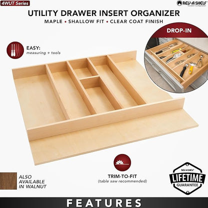 Rev-A-Shelf Trim-to-Fit Shallow Drawer Organizer For Kitchen Utensils, Cutlery Cabinet Storage Divider Insert, 23.98 x 21.97 In, Maple Wood, 4WUT-3SH