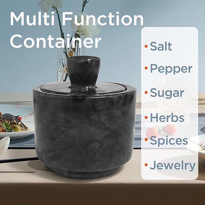 Marble Salt Cellar with Lid, Salt and Pepper Bowls Box Container, Salt Jar with Lid for Kitchen and Bathroom(Black)