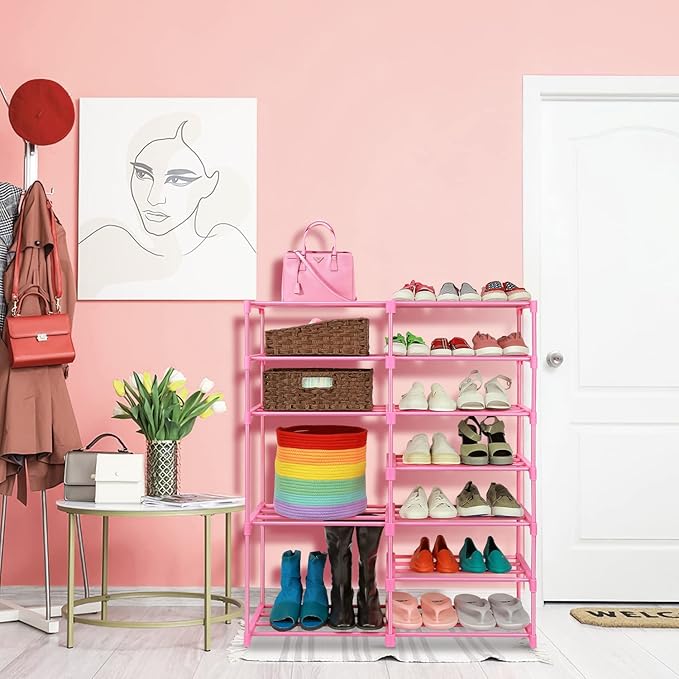 LNYZQUS 7-Tier Large Pink Shoe Rack, 24 -30 Pairs Tall Shoe Organizer Shelf, Kids Boots Stand Organizer For Garage Closet Entryway