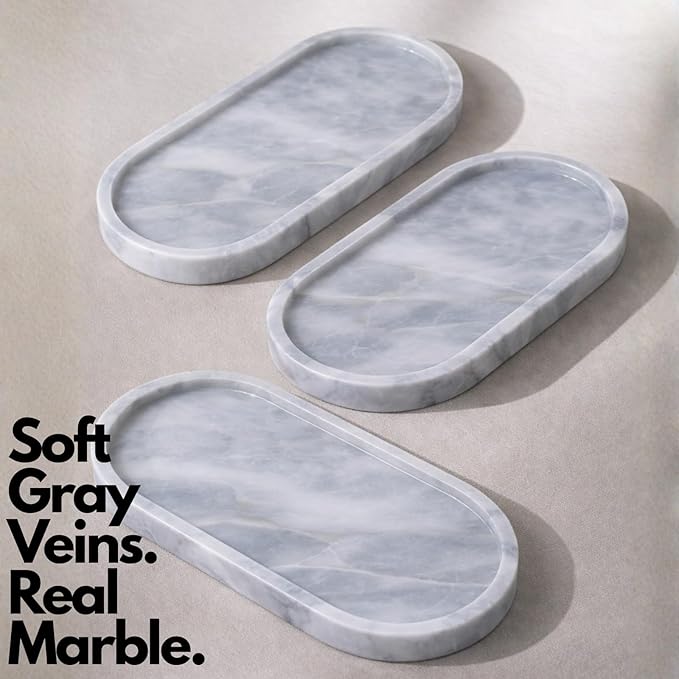 Carrara Gray Marble Oval Bathroom Vanity Tray – 12”x6” Gray Marble Tray for Countertop, Perfume & Jewelry Display | Solid 2cm Thick Stone Tray
