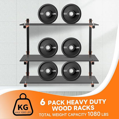 6 Pack Lumber Rack Wall Mount, Heavy Duty Wood Storage Racks, 9-Level System Organizer Shelving, 1080 LBS Capacity Hanging Garage Shelves, Orange Brackets Utility Metal Shelf for Indoor and Outdoor