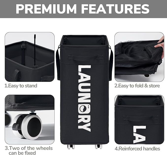 Goodpick Laundry Basket with Wheels, 2-Pack 75L Rolling Laundry Hamper with Removable Wash Bags, Collapsible Laundry Basket for Corner Dorm, Black