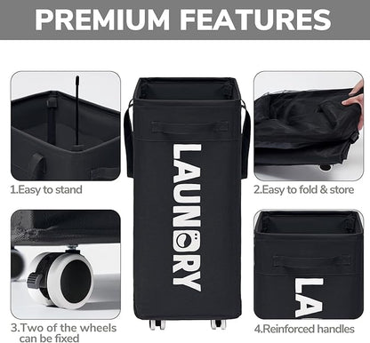 Goodpick Laundry Basket with Wheels, 2-Pack 75L Rolling Laundry Hamper with Removable Wash Bags, Collapsible Laundry Basket for Corner Dorm, Black