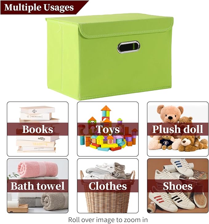 STOREONE Fabric Storage Cube Bins Foldable Organizer Container Collapsible Basket with Lids and Metal Handles, for Home, Bedroom, Closet 6 Pcs (multicolour-green)