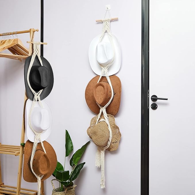 Hat Organizer Bohemian Hat Wall Hanging Wooden Hat Hooks Boho Hat Hangers for Wall Hanging Hat Display Hand Weaving Hat Rack Decorative Cap Holder for Wide Brim and Fedoras Baseball Caps (2 Pieces)