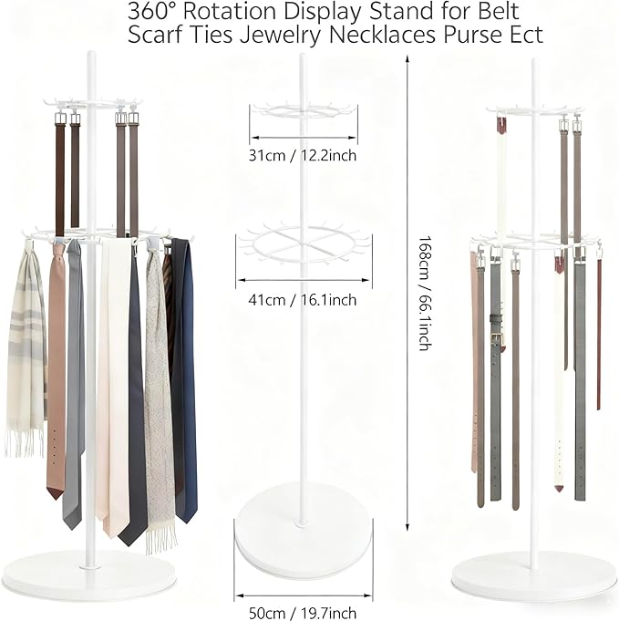 White Belt Display Scarf &Ties Rack Stand, 360° Rotation Floor Mounted Belt Hanger, Metal Men Closet Belt Organizer Holder Jewelry Necklaces Purse Hanger Shelf for Clothing Store Retail & Home