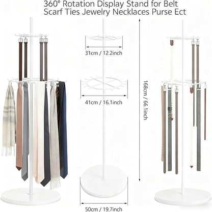 White Belt Display Scarf &Ties Rack Stand, 360° Rotation Floor Mounted Belt Hanger, Metal Men Closet Belt Organizer Holder Jewelry Necklaces Purse Hanger Shelf for Clothing Store Retail & Home