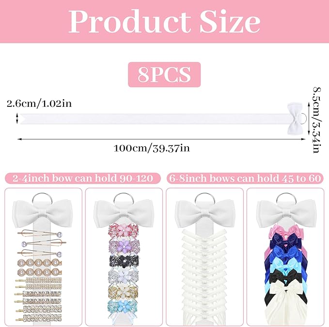 8 Pcs Bow Holder for Girls Hair Bows, Ribbon Hair Bow Organizer for Girls Women, Wall Hanging Clip Hairs Accessories Organizer Bedroom College Dorm Decor(White)(White)