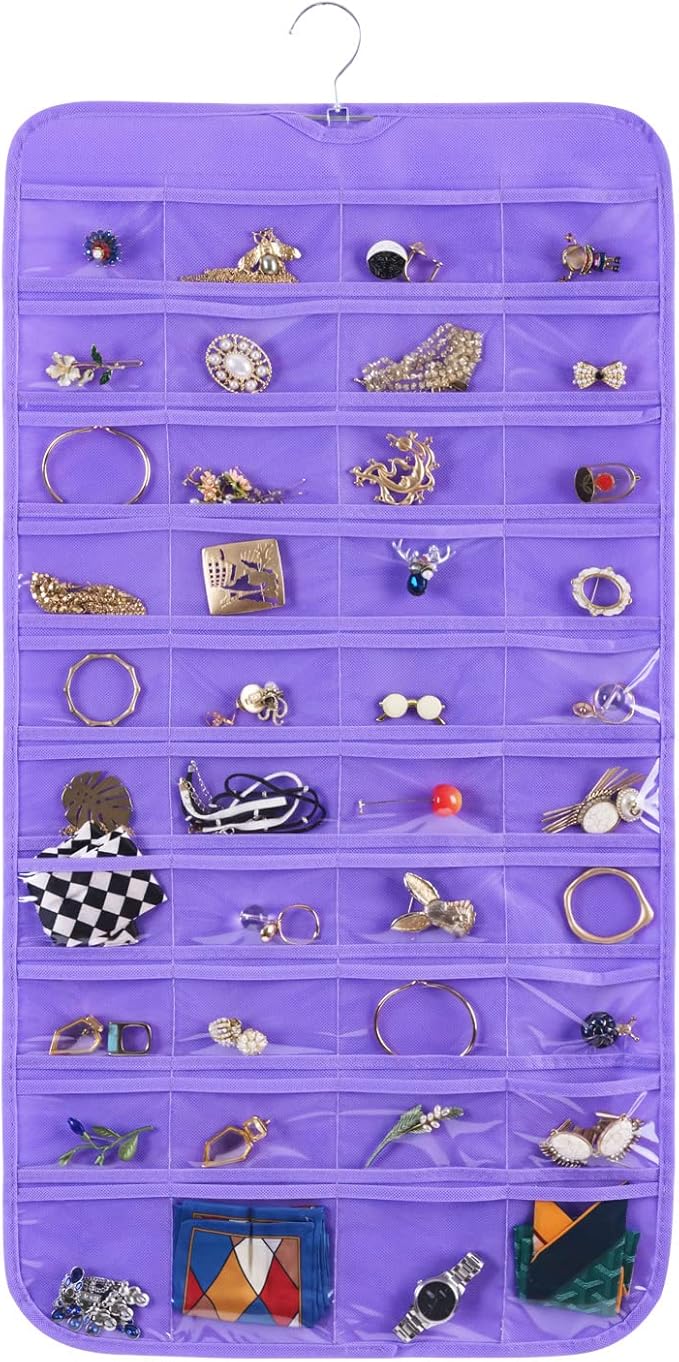 Bloss Hanging Jewelry Organizer, 80 Pockets Dual Sides Wall Jewelry Organizer Storage Dorm Room Essentials for Girls Necklace Organize And Earring Holder Hang on Closet/Door (Purple)