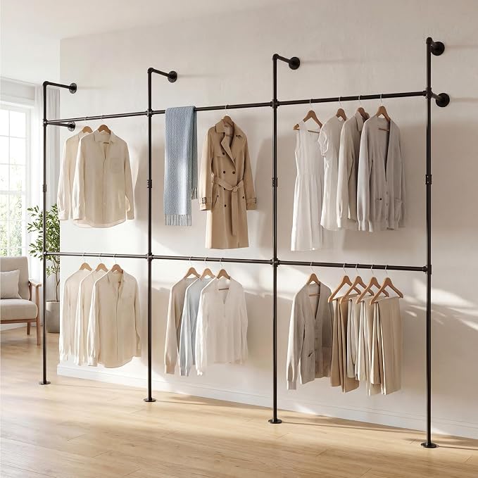 Giantex Industrial Pipe Clothing Rack, 118" Wall Mounted Heavy-Duty Metal Garment Organizer with 6 Hanging Rods, 2-Tier Walk-in Closet System for Wardrobe Closet, Retail Display