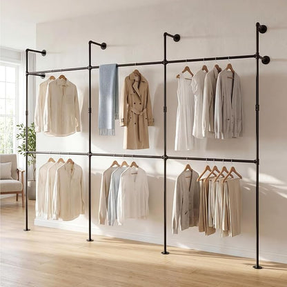 Giantex Industrial Pipe Clothing Rack, 118" Wall Mounted Heavy-Duty Metal Garment Organizer with 6 Hanging Rods, 2-Tier Walk-in Closet System for Wardrobe Closet, Retail Display