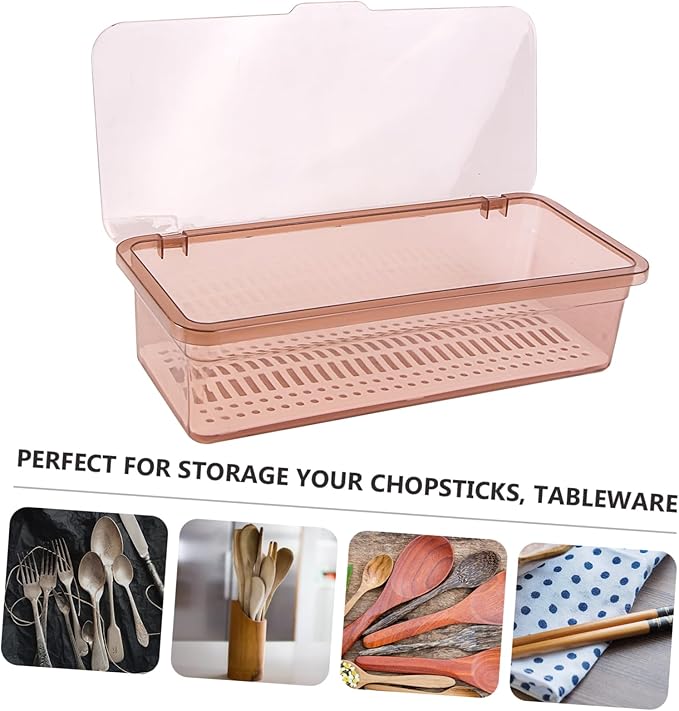 SHOWERORO Chopsticks Drain Storage Box with Lid Food Grade Plastic Kitchen Utensil Organizer and Tableware Holder for Dry Clean Chopstick and Cutlery Storage 11.02X5.12X2.76 Inches