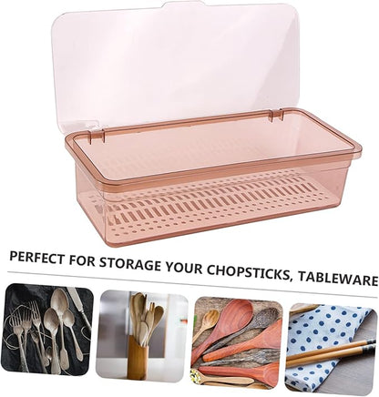SHOWERORO Chopsticks Drain Storage Box with Lid Food Grade Plastic Kitchen Utensil Organizer and Tableware Holder for Dry Clean Chopstick and Cutlery Storage 11.02X5.12X2.76 Inches