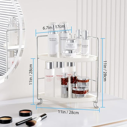 FSyueyun 2-Tier Corner Bathroom Counter Organizer, Tool-Less Installation Vanity Shelf Small Plastics Countertop Makeup Tray Skincare Perfume Organizers (Silver)