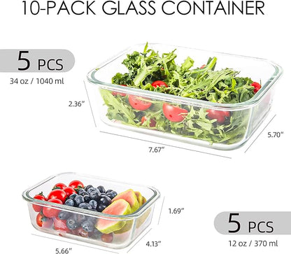 10 Pack Glass Storage Containers For Food, Airtight Meal Prep Containers with Lids Leak-proof, Glass Lunch Boxes Microwave, Freezer & Dishwasher Safe (34oz & 12oz)