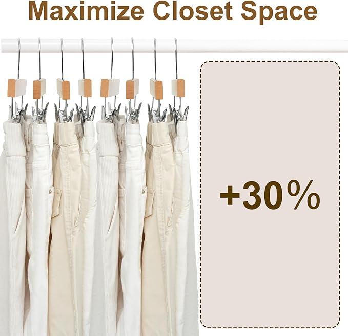 BAGAIL 20 Pack Wooden Pants Hangers with Adjustable Clips, 360°Swivel Hook Space Saving Skirt Holders with Anti-Rust Clips for Trousers, Jeans, Shorts (Natural)