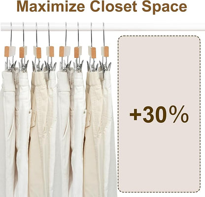 BAGAIL 10 Pack Wooden Pants Hangers with Adjustable Clips, 360°Swivel Hook Space Saving Skirt Holders with Anti-Rust Clips for Trousers, Jeans, Shorts (Natural)