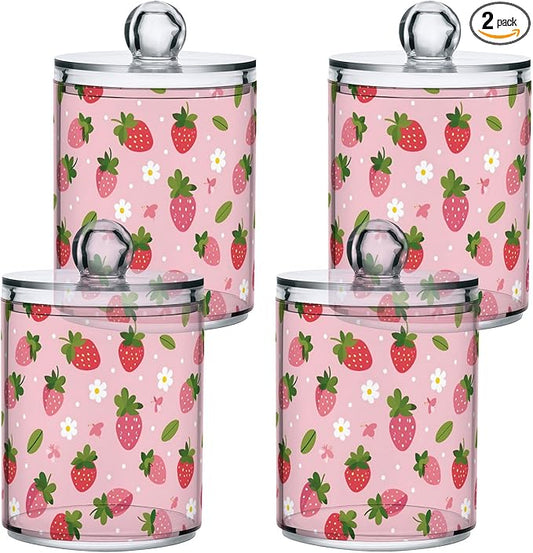 Milk Cow Qtip Holder with Lid 2PCS Apothecary Jars Storage Containers, Clear Plastic Canister for Cotton Swab,Floss Picks, Cosmetics (Daisy and Strawberry, one sizex4)