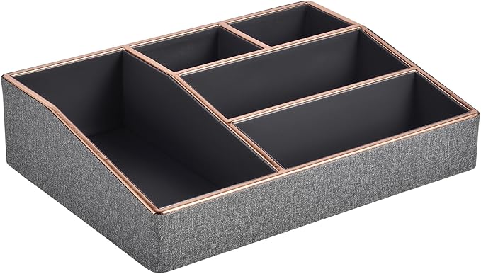 PU Leather Makeup Organizer Tray,Large Vanity Organizer,Cosmetic Storage Box for Lipstick Brushes Skincare Perfume,Cosmetic Display Case Rose Gold-trimmed for Dresser,Bathroom Countertop(Grey)