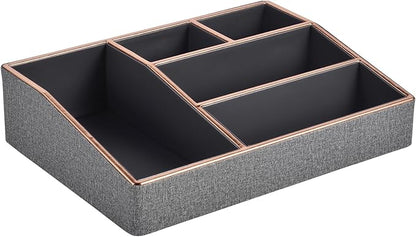 PU Leather Makeup Organizer Tray,Large Vanity Organizer,Cosmetic Storage Box for Lipstick Brushes Skincare Perfume,Cosmetic Display Case Rose Gold-trimmed for Dresser,Bathroom Countertop(Grey)