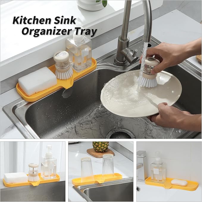 MicoYang Silicone Bathroom Soap Dishes with Drain Spout-Bathroom and Kitchen Sink Organizer,Sponge Holder,Dish Soap Tray,Perfect for Dispenser,Scrubber,Bottle,Cup on Sink or Counter-Yellow 12"×4"
