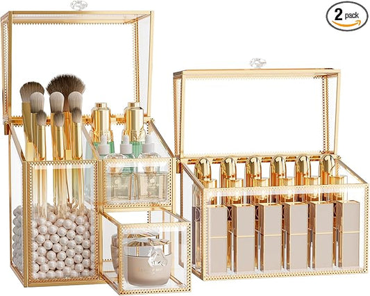 CoralHouse Makeup Brush Organizer – Vanity Organizer with 18-Slot Lipstick Organizer & Makeup Brush Holder with Lid – Skincare, Perfume & Cosmetic Storage for Bathroom or Dresser