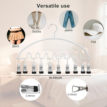 Legging Organizer for Closet,Metal Wave Design Pants Hanger with 10 Clips 7 Hooks, Closet Storage for Pants, Skirts, Hats (White, 4Pack)