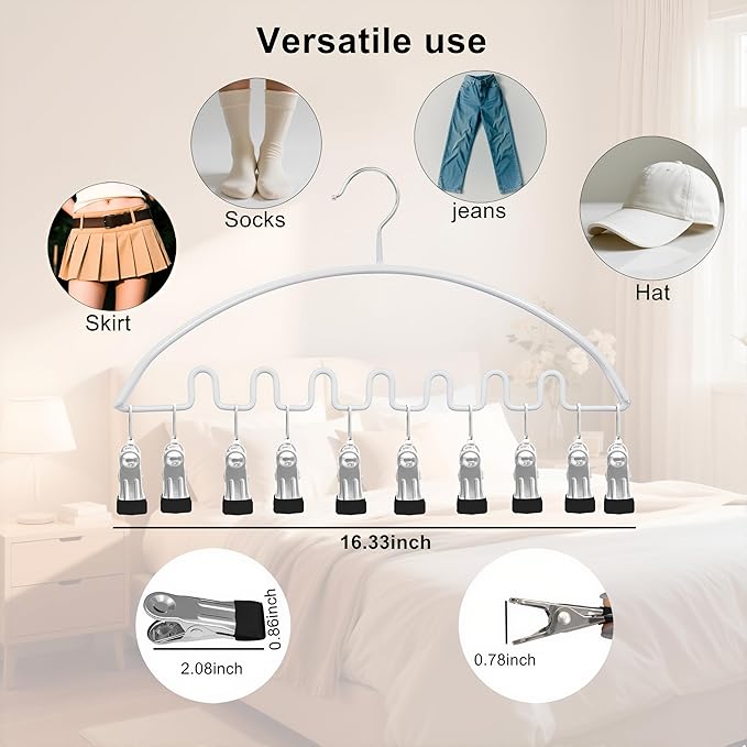 Legging Organizer for Closet,Metal Wave Design Pants Hanger with 10 Clips 7 Hooks, Closet Storage for Pants, Skirts, Hats (White, 2Pack)