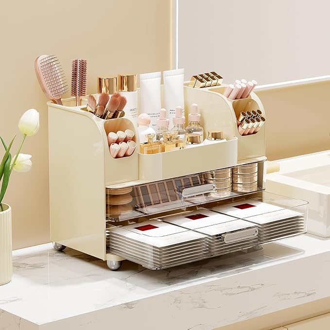 Makeup Organizer for Vanity with 2 Large Drawers, Cosmetic Display Case with Brush Holders, Easy to Storage for Bathroom Countertop Skincare, Perfume, Cream White