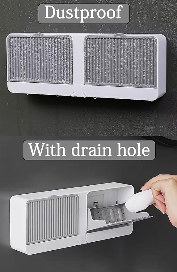 [Dual-Room] Dust-Proof Soap Holder for Shower Wall, Adhesive Wall-Mounted Bar Soap Dish, No-Drill Plastic Soap Saver with Drain, xicveiuz White-Grey