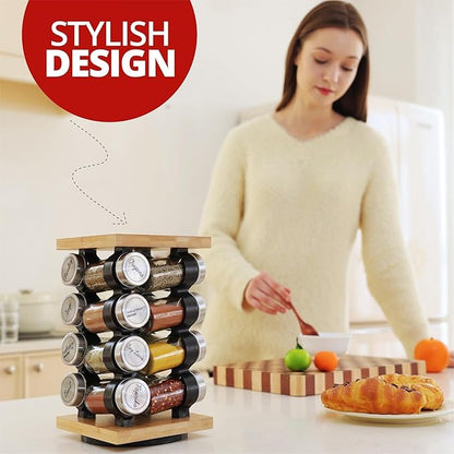 Orii 16 Jar Rotating Bamboo Spice Rack with Spices Included & 5-Year Spice Refill Program – Compact Countertop Spice Rack with Glass Jars