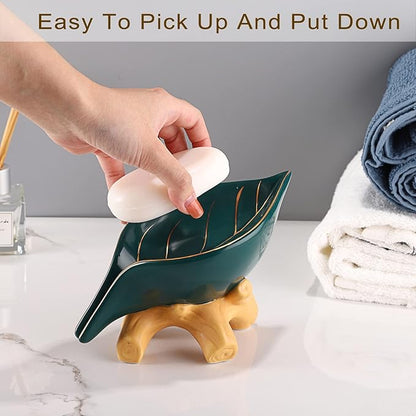 JUXYES Ceramic Soap Dish Holder Self Draining, Unique Waterfall Soap Dish Leaf Shape Decorative Soap Dish Tray Tabletop Drainable Soap Saver Bathtub Waterfall Soap Dish Holder for Bathroom Shower