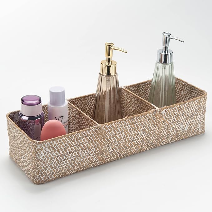 DOKOT Whitewash Seagrass Toilet Tank Basket with 3 Section, Toilet Paper Basket for Bathroom Organizing, Storage Basket for Kitchen, Dresser (16.5x5.7x3.5 inch)