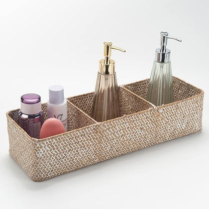 DOKOT Whitewash Seagrass Toilet Tank Basket with 3 Section, Toilet Paper Basket for Bathroom Organizing, Storage Basket for Kitchen, Dresser (16.5x5.7x3.5 inch)