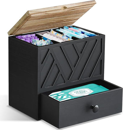 Tampon Holder for Bathroom Decor, Feminine Product Organizer with Lid and Drawer, Shark Week Tampon Storage, Wood Pad and Tampons Organizer for Toilet Storage, Bathroom Accessories Box for Girl Stuff