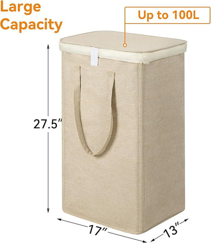 WOWLIVE 100L Laundry Hamper with Lid, Large Foldbale Laundry Basket with 2 Removable Bags and Handles, Tall Collapsible Dirty Clothes Hamper for Laundry Room, Bathroom, Dorm (Wheat)