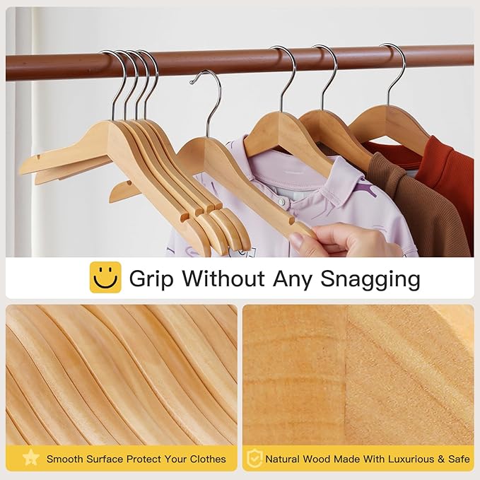 Kid Hangers 18 Pack Soild Wooden Hanger,Natural Smooth Finish Wooden Baby Hangers with Non Slip Notches & Anti-Rust 360 Swivel Hook,Durable Toddler Hanger for Coat,Shirt,Dress